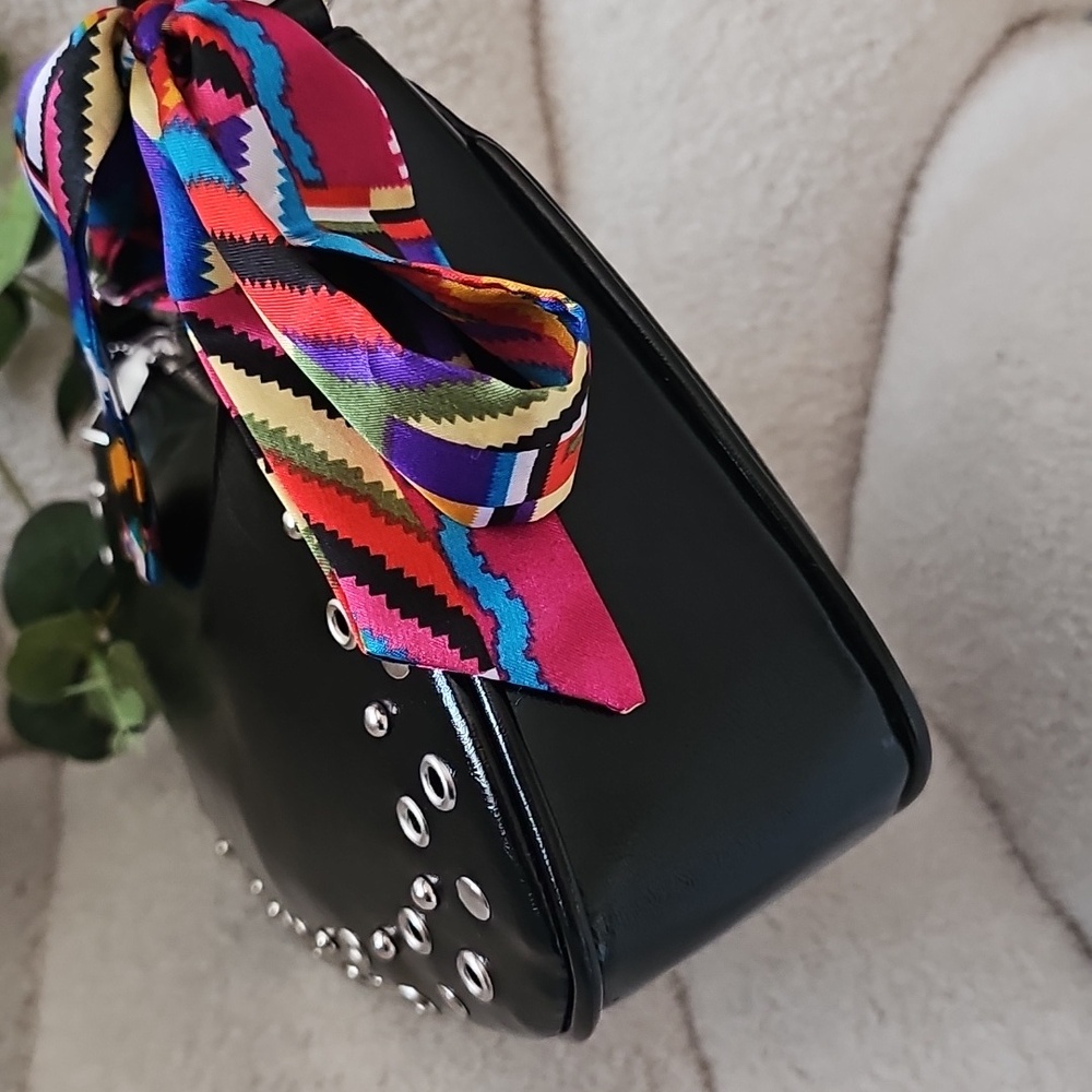 Black Studded Glam Shoulder Bag with Colorful Scarf Accent - Picture 7 of 11